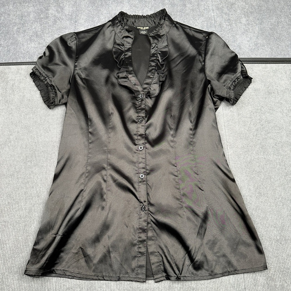 Guess Jeans Black Satin Ruffle V-Neck Short Sleeve Button Up Y2k Blouse XL